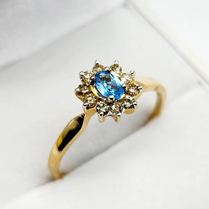Gold Blue Topaz Ring, 10K Yellow Gold Blue Topaz 4x3mm and Diamond Ring, Rings For Women, December Birthstone Ring, Blue Gemstone Ring