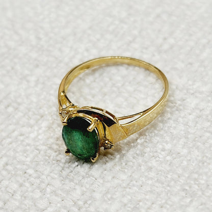 Gold Natural Emerald Ring , 10K Yellow Gold Natural Emerald 8x6mm Ring with Diamonds, May Birthstone, Emerald Jewelry, Green Gemstone Ring