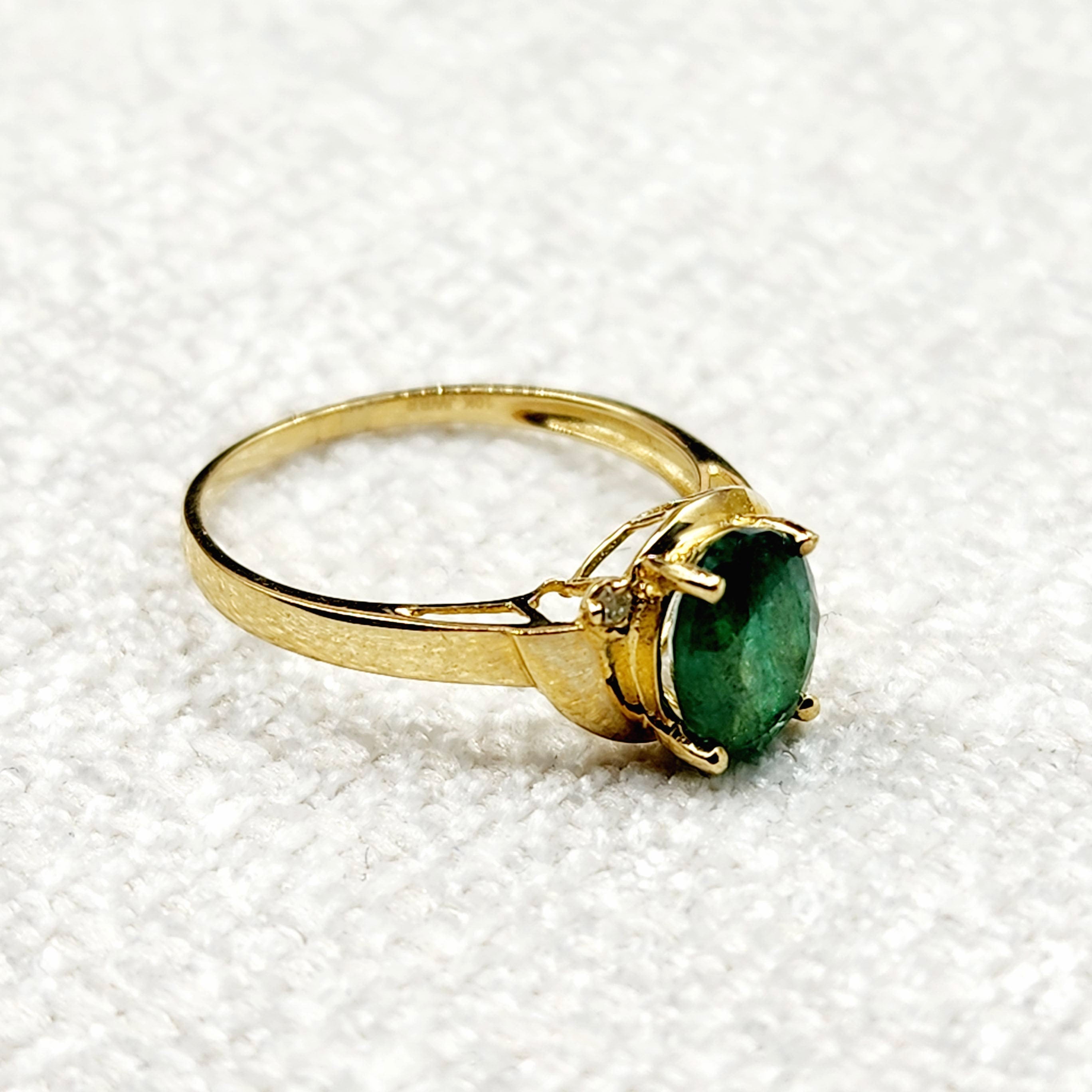Gold Natural Emerald Ring , 10K Yellow Gold Natural Emerald 8x6mm Ring with Diamonds, May Birthstone, Emerald Jewelry, Green Gemstone Ring