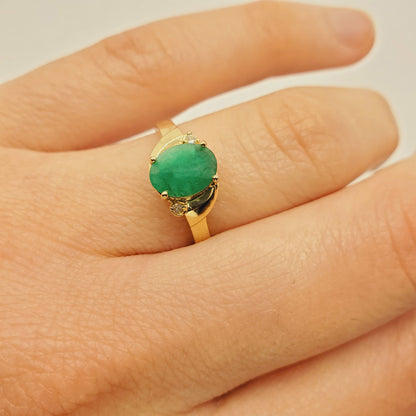 Gold Natural Emerald Ring , 10K Yellow Gold Natural Emerald 8x6mm Ring with Diamonds, May Birthstone, Emerald Jewelry, Green Gemstone Ring