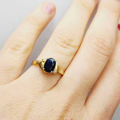 Gold Blue Sapphire Ring, 10K Yellow Gold Natural Blue Sapphire 8x6mm with Diamonds Ring, September Birthstone Gift For Women
