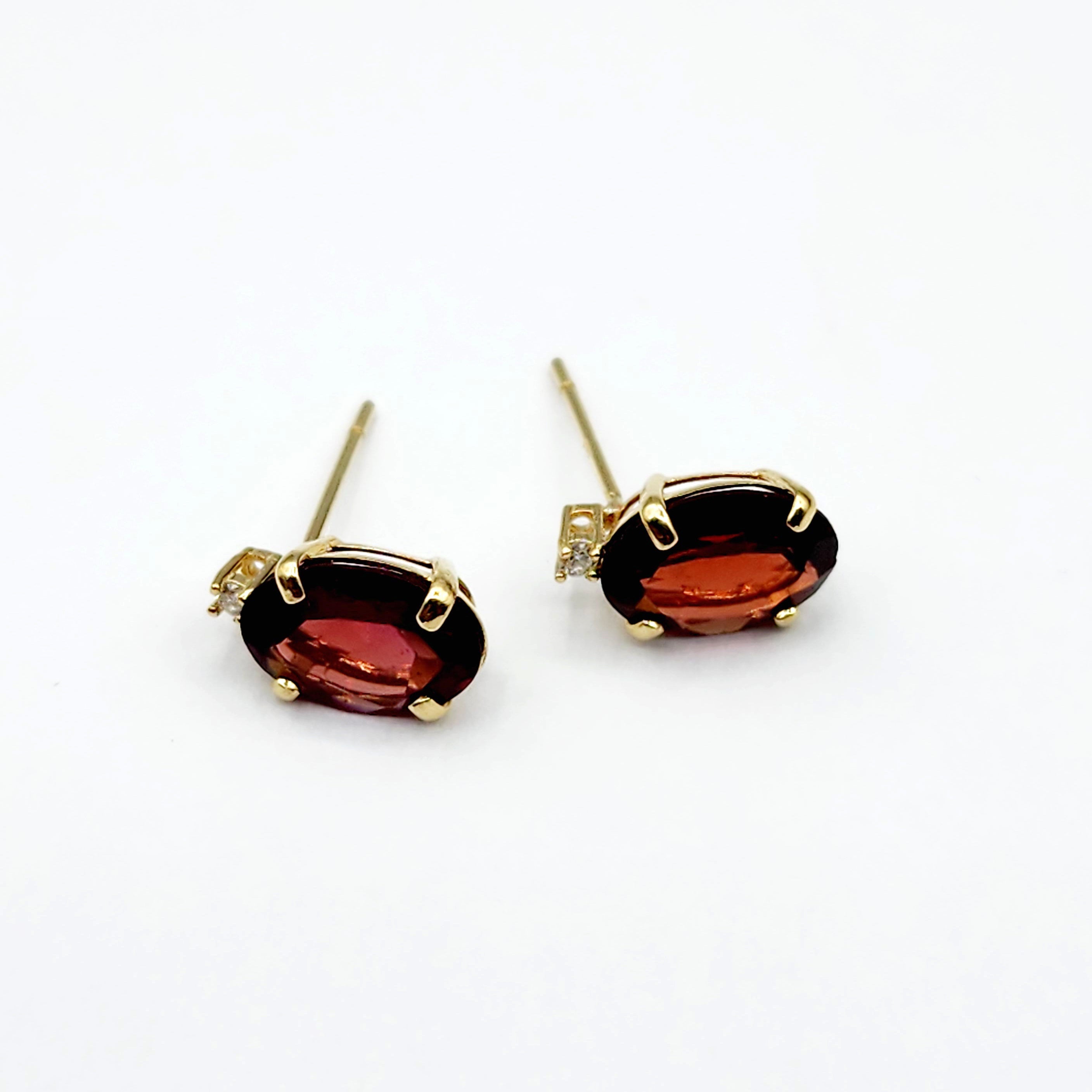 Gold Garnet Stud Earrings, Yellow Gold Genuine Garnet 8x6mm With Diamond Earrings, January Birthstone, Garnet Jewelry,  Earrings For Women
