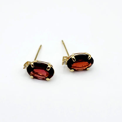 Gold Garnet Stud Earrings, Yellow Gold Genuine Garnet 8x6mm With Diamond Earrings, January Birthstone, Garnet Jewelry,  Earrings For Women