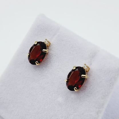 Gold Garnet Stud Earrings, Yellow Gold Genuine Garnet 8x6mm With Diamond Earrings, January Birthstone, Garnet Jewelry,  Earrings For Women