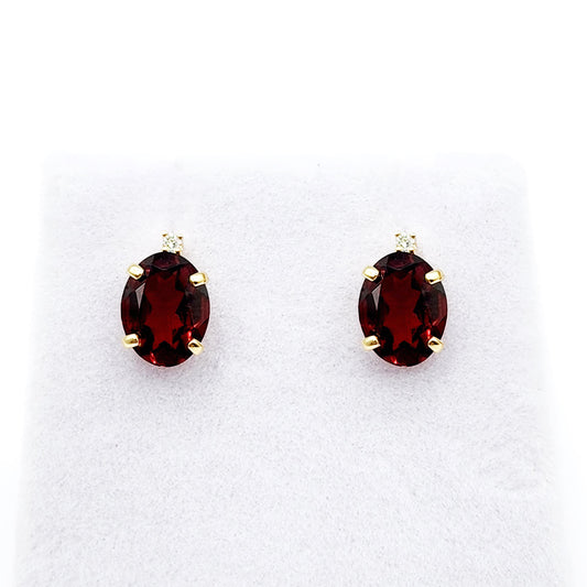Gold Garnet Stud Earrings, Yellow Gold Genuine Garnet 8x6mm With Diamond Earrings, January Birthstone, Garnet Jewelry,  Earrings For Women