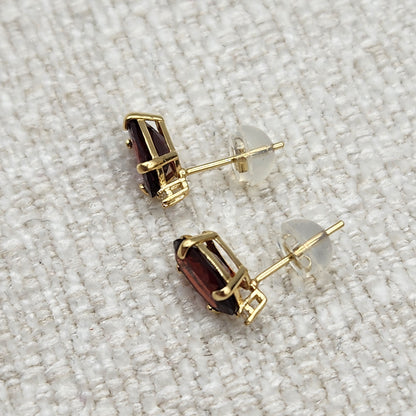 Gold Garnet Stud Earrings, Yellow Gold Genuine Garnet 8x6mm With Diamond Earrings, January Birthstone, Garnet Jewelry,  Earrings For Women