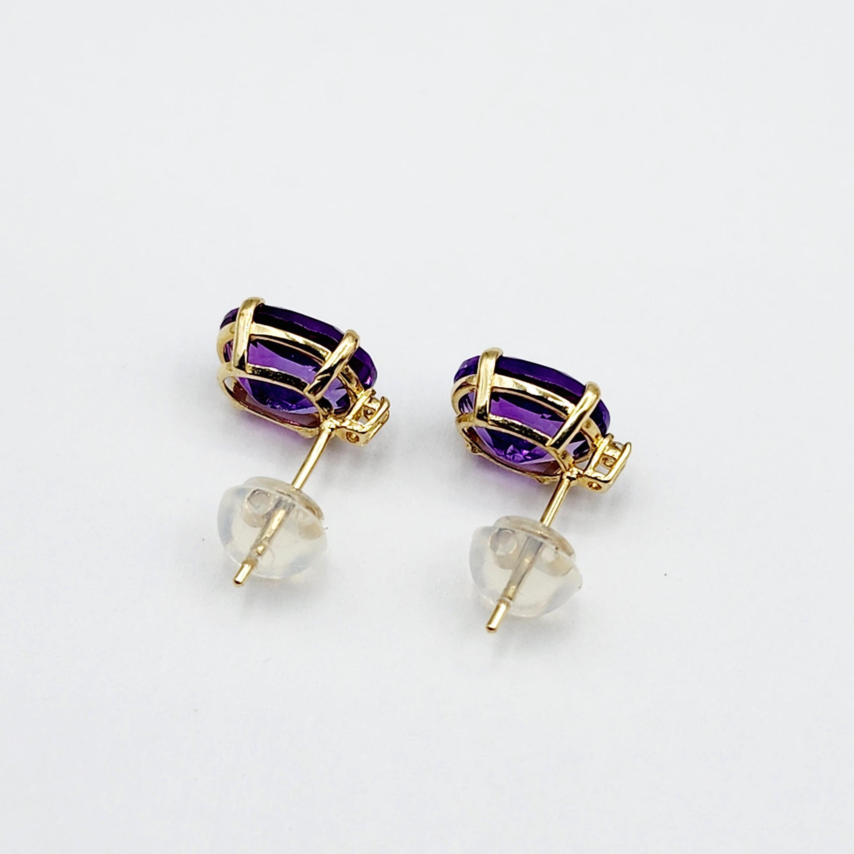 Gold Amethyst Stud Earrings, Yellow Gold Genuine Amethyst 8x6mm with Diamonds Earrings, February Birthstone, Purple Jewelry, Dainty Earrings