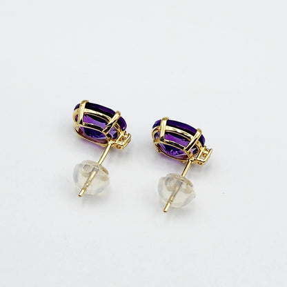 Gold Amethyst Stud Earrings, Yellow Gold Genuine Amethyst 8x6mm with Diamonds Earrings, February Birthstone, Purple Jewelry, Dainty Earrings