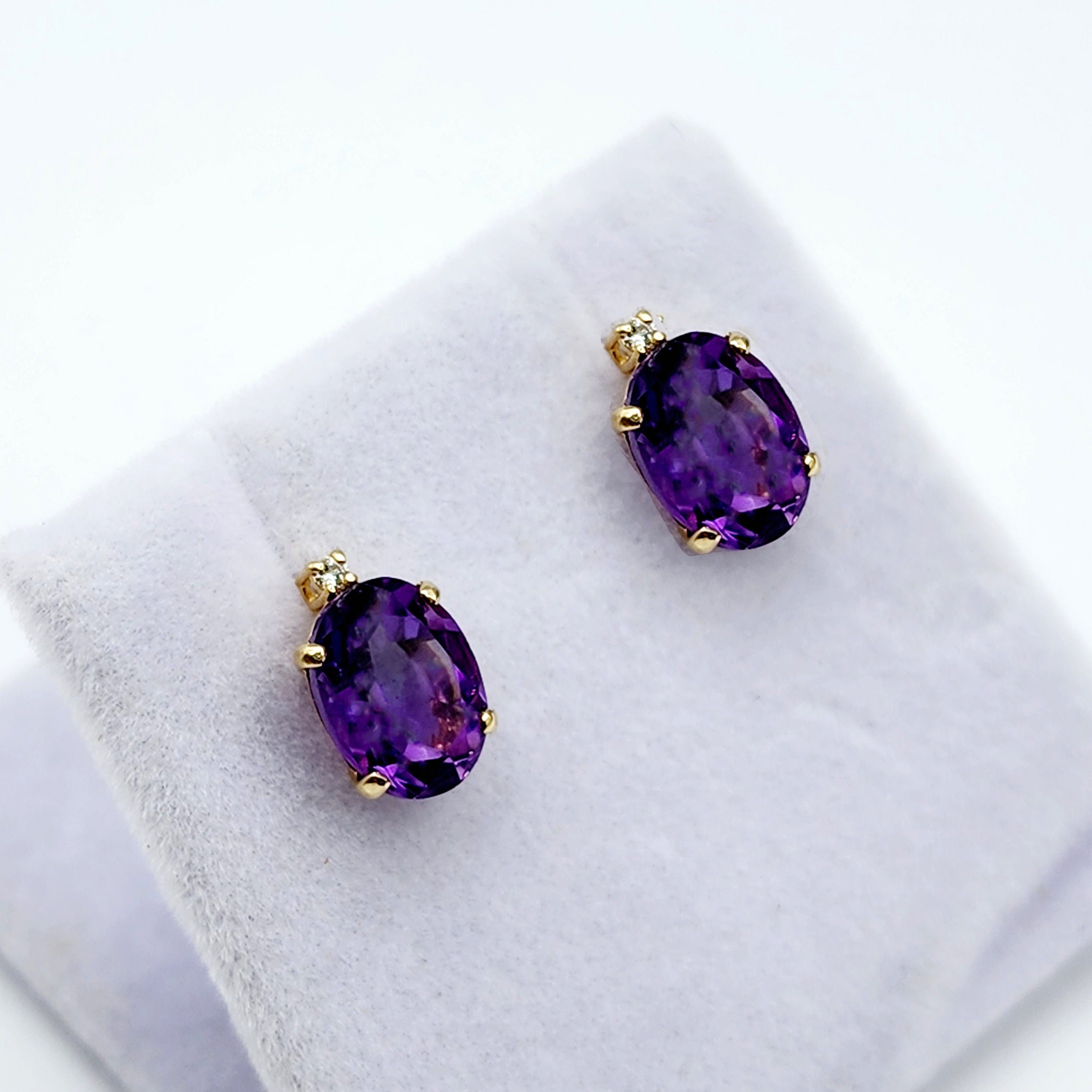 Gold Amethyst Stud Earrings, Yellow Gold Genuine Amethyst 8x6mm with Diamonds Earrings, February Birthstone, Purple Jewelry, Dainty Earrings