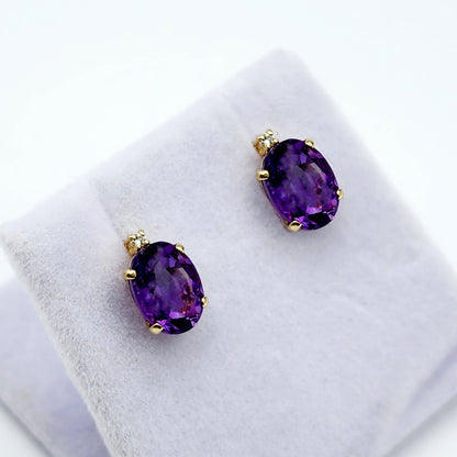 Gold Amethyst Stud Earrings, Yellow Gold Genuine Amethyst 8x6mm with Diamonds Earrings, February Birthstone, Purple Jewelry, Dainty Earrings