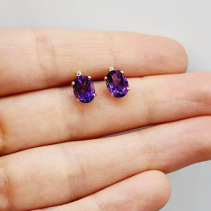 Gold Amethyst Stud Earrings, Yellow Gold Genuine Amethyst 8x6mm with Diamonds Earrings, February Birthstone, Purple Jewelry, Dainty Earrings