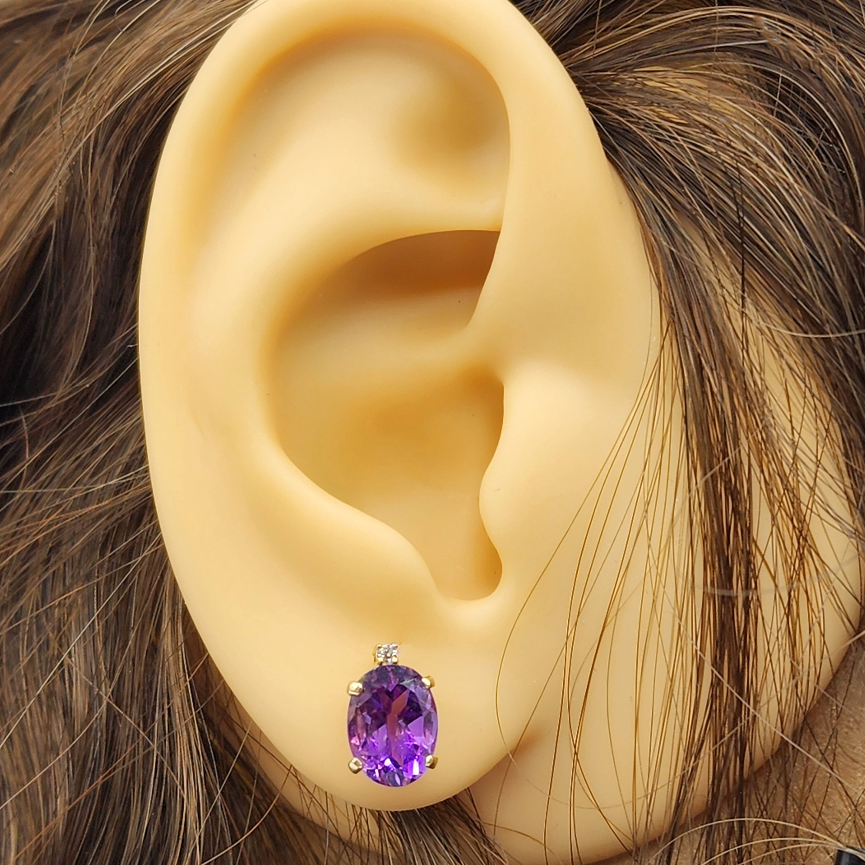 Gold Amethyst Stud Earrings, Yellow Gold Genuine Amethyst 8x6mm with Diamonds Earrings, February Birthstone, Purple Jewelry, Dainty Earrings
