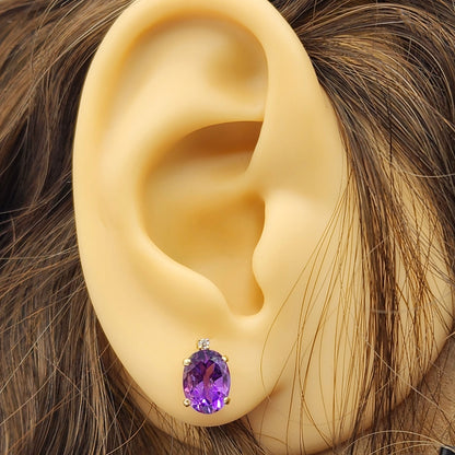 Gold Amethyst Stud Earrings, Yellow Gold Genuine Amethyst 8x6mm with Diamonds Earrings, February Birthstone, Purple Jewelry, Dainty Earrings
