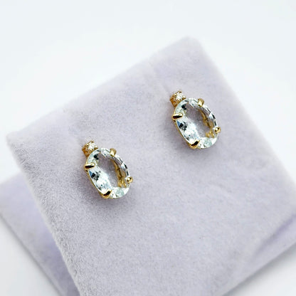 Gold Aquamarine Stud Earrings, Yellow Gold Genuine Aquamarine 8x6mm with Diamonds Earrings, March Birthstone Gemstone Jewelry Women Earrings