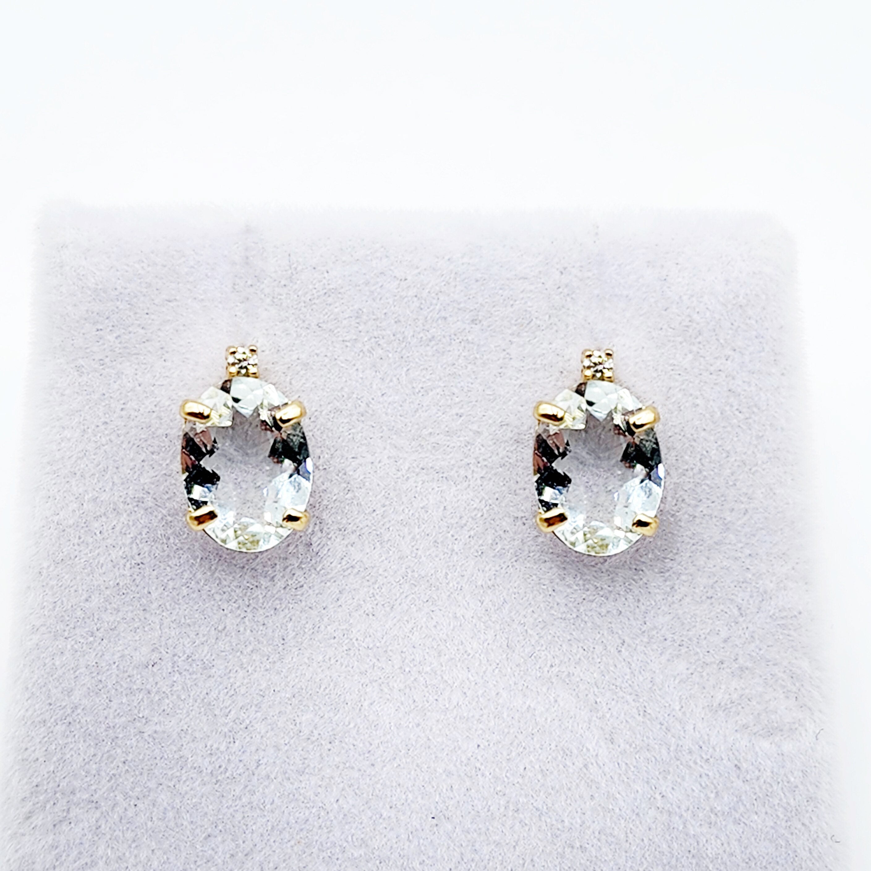 Gold Aquamarine Stud Earrings, Yellow Gold Genuine Aquamarine 8x6mm with Diamonds Earrings, March Birthstone Gemstone Jewelry Women Earrings