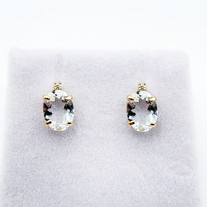 Gold Aquamarine Stud Earrings, Yellow Gold Genuine Aquamarine 8x6mm with Diamonds Earrings, March Birthstone Gemstone Jewelry Women Earrings