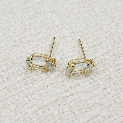 Gold Aquamarine Stud Earrings, Yellow Gold Genuine Aquamarine 8x6mm with Diamonds Earrings, March Birthstone Gemstone Jewelry Women Earrings