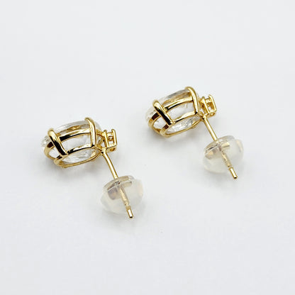 Gold White Topaz Earrings, Handcrafted 10K Yellow Gold Genuine White Topaz 8x6mm with Diamonds Stud Earrings, Gemstone Women's jewelry