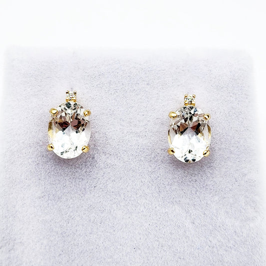 Gold White Topaz Earrings, Handcrafted 10K Yellow Gold Genuine White Topaz 8x6mm with Diamonds Stud Earrings, Gemstone Women's jewelry