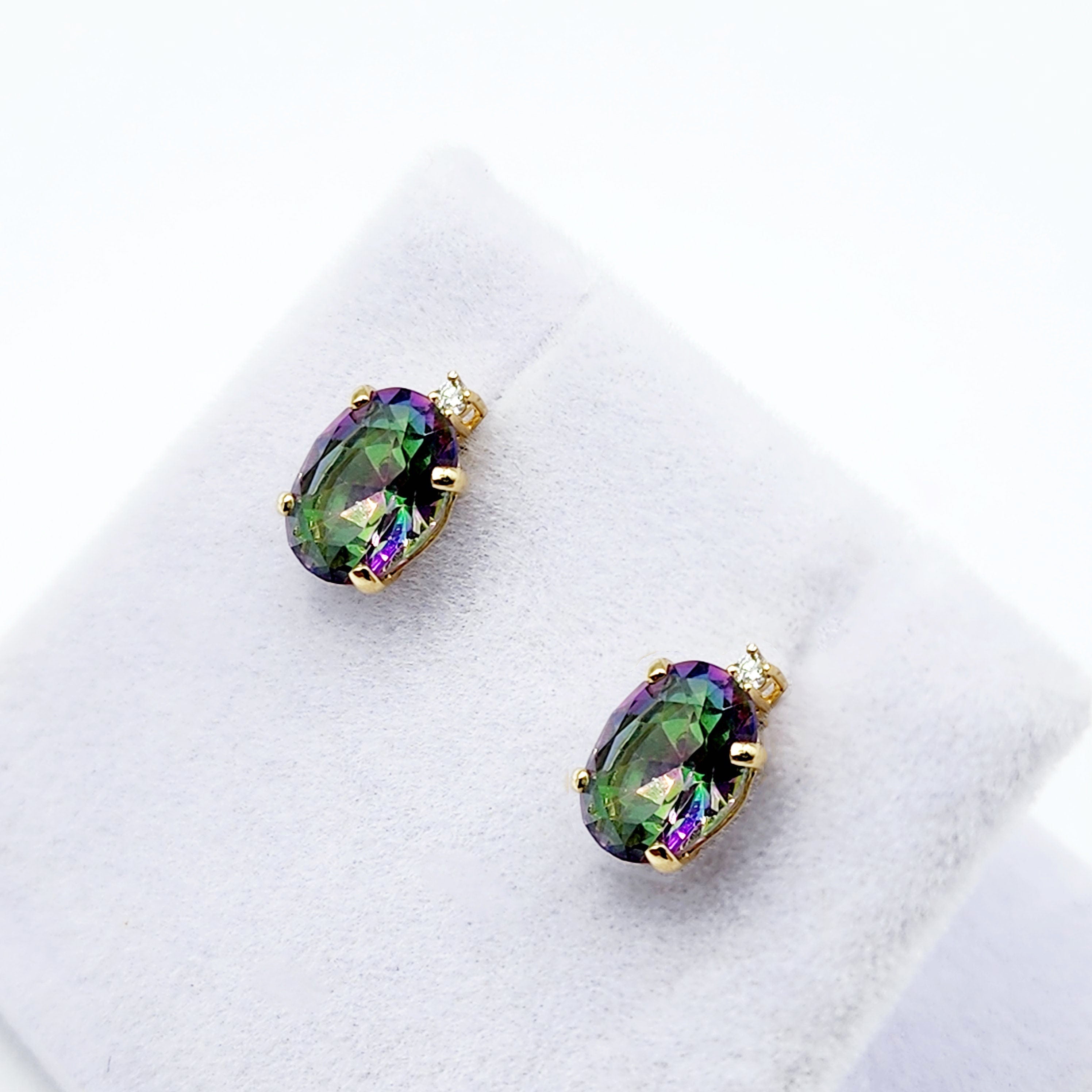 Gold Mystic Topaz Stud Earrings, Yellow Gold Genuine Mystic Topaz 8x6mm With Diamonds Earrings, Gemstone Jewelry,  Earrings For Women