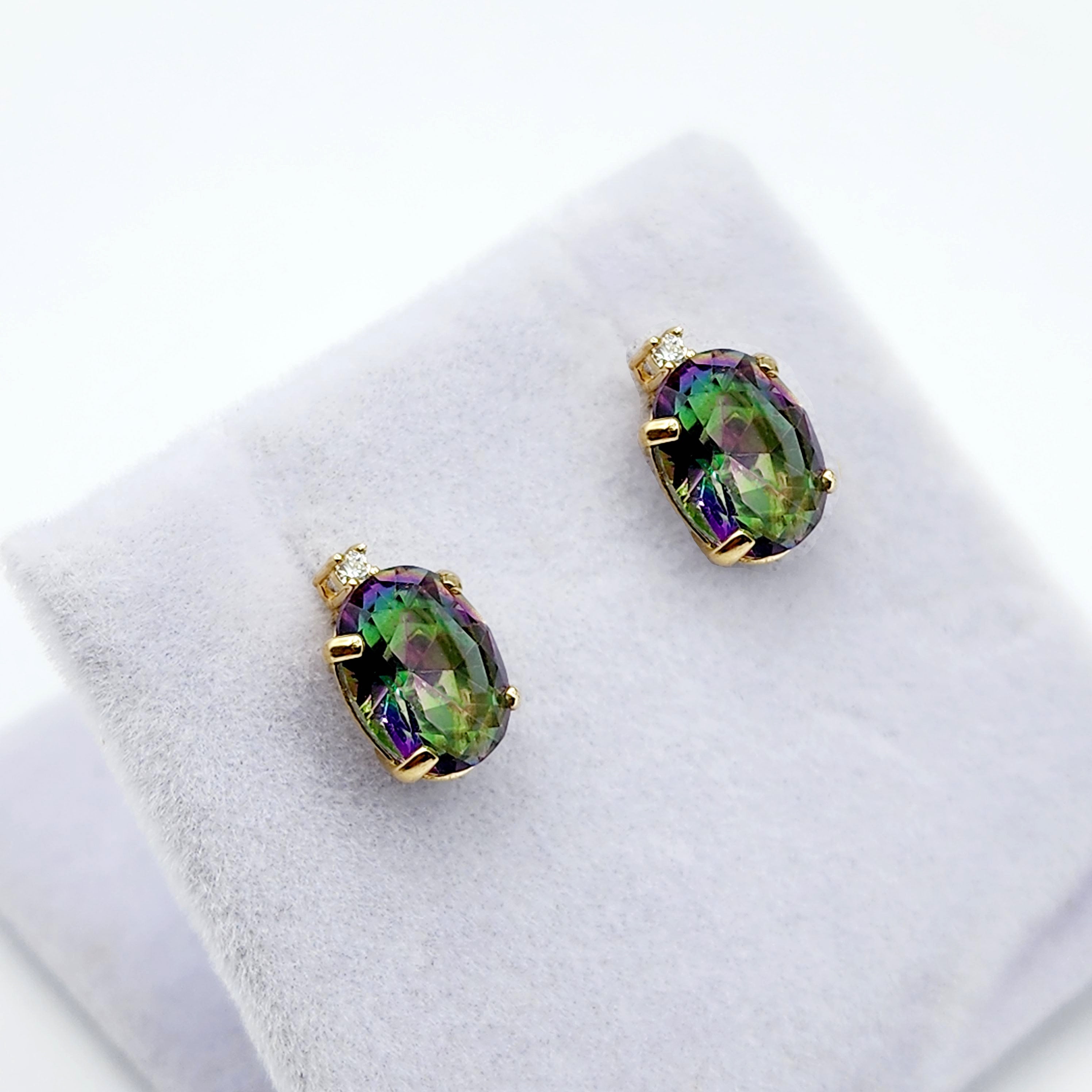 Gold Mystic Topaz Stud Earrings, Yellow Gold Genuine Mystic Topaz 8x6mm With Diamonds Earrings, Gemstone Jewelry,  Earrings For Women