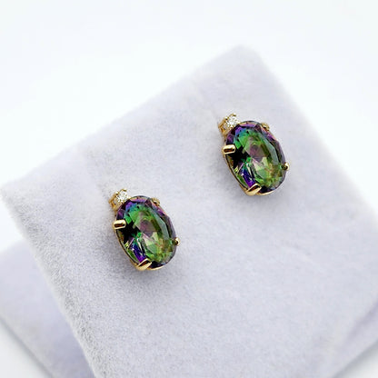 Gold Mystic Topaz Stud Earrings, Yellow Gold Genuine Mystic Topaz 8x6mm With Diamonds Earrings, Gemstone Jewelry,  Earrings For Women
