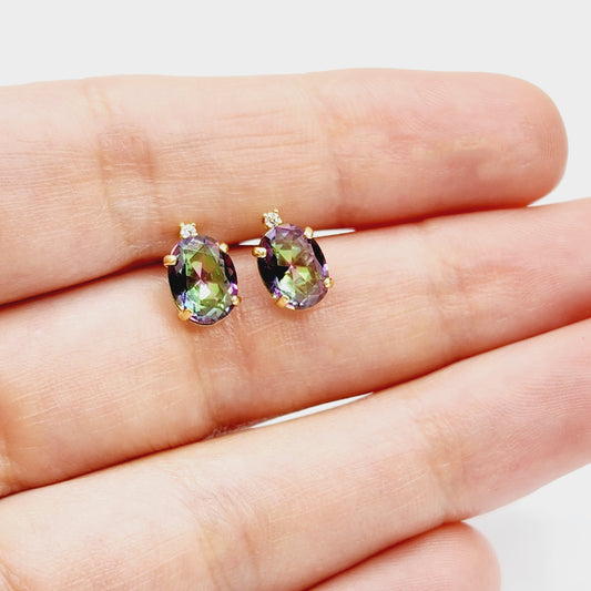 Gold Mystic Topaz Stud Earrings, Yellow Gold Genuine Mystic Topaz 8x6mm With Diamonds Earrings, Gemstone Jewelry,  Earrings For Women