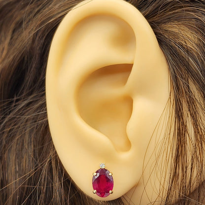 Gold Ruby Stud Earrings , Yellow Gold Oval Ruby 8x6mm with Diamonds Stud Earrings, July Birthstone, Big Gemstone Earrings For Women