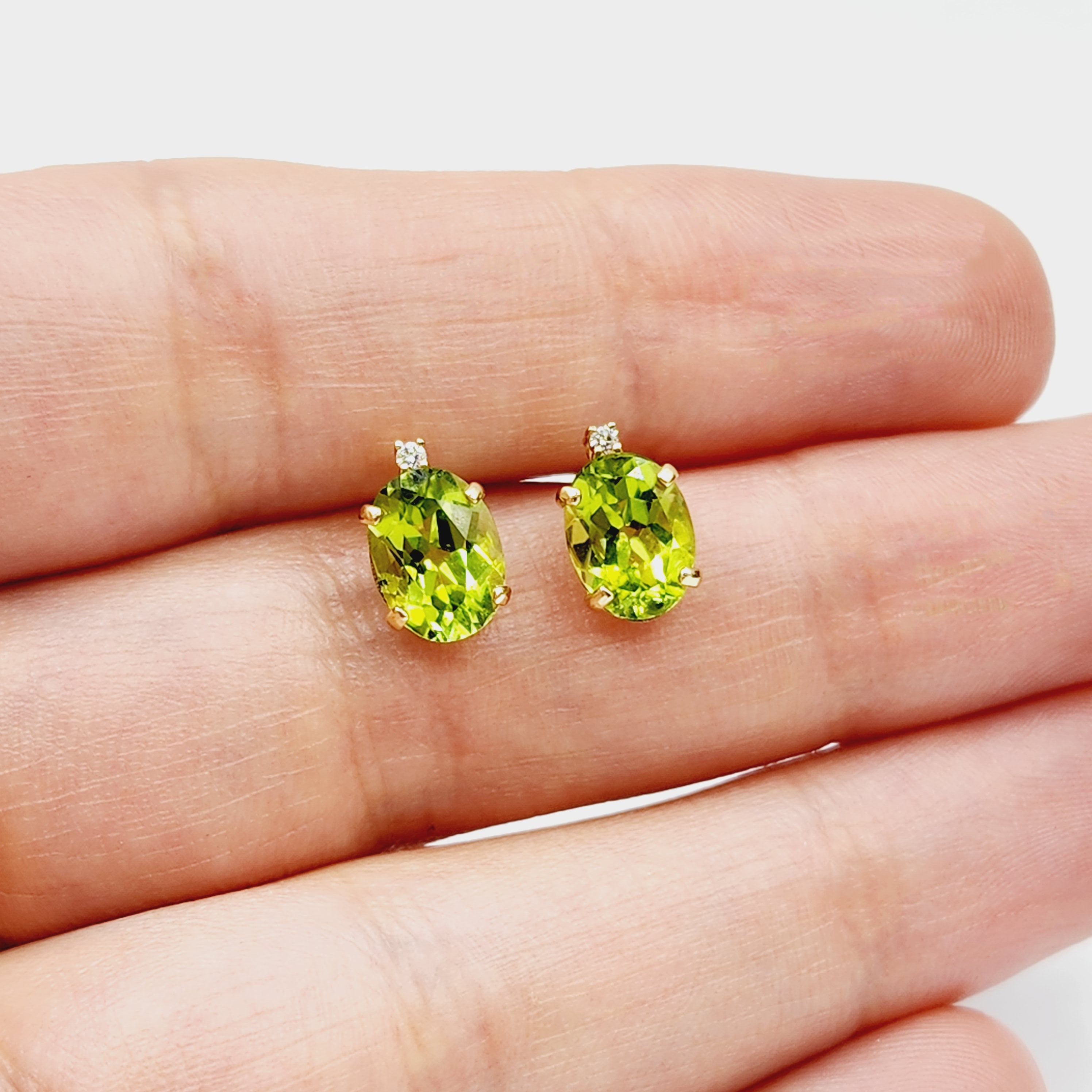 Gold Peridot Stud Earrings, Yellow Gold Genuine Peridot 8x6mm with Diamonds Earrings, Gemstone Jewelry for Women, August Birthstone Gift