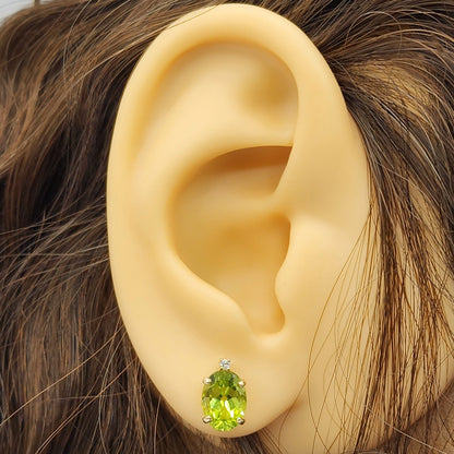 Gold Peridot Stud Earrings, Yellow Gold Genuine Peridot 8x6mm with Diamonds Earrings, Gemstone Jewelry for Women, August Birthstone Gift