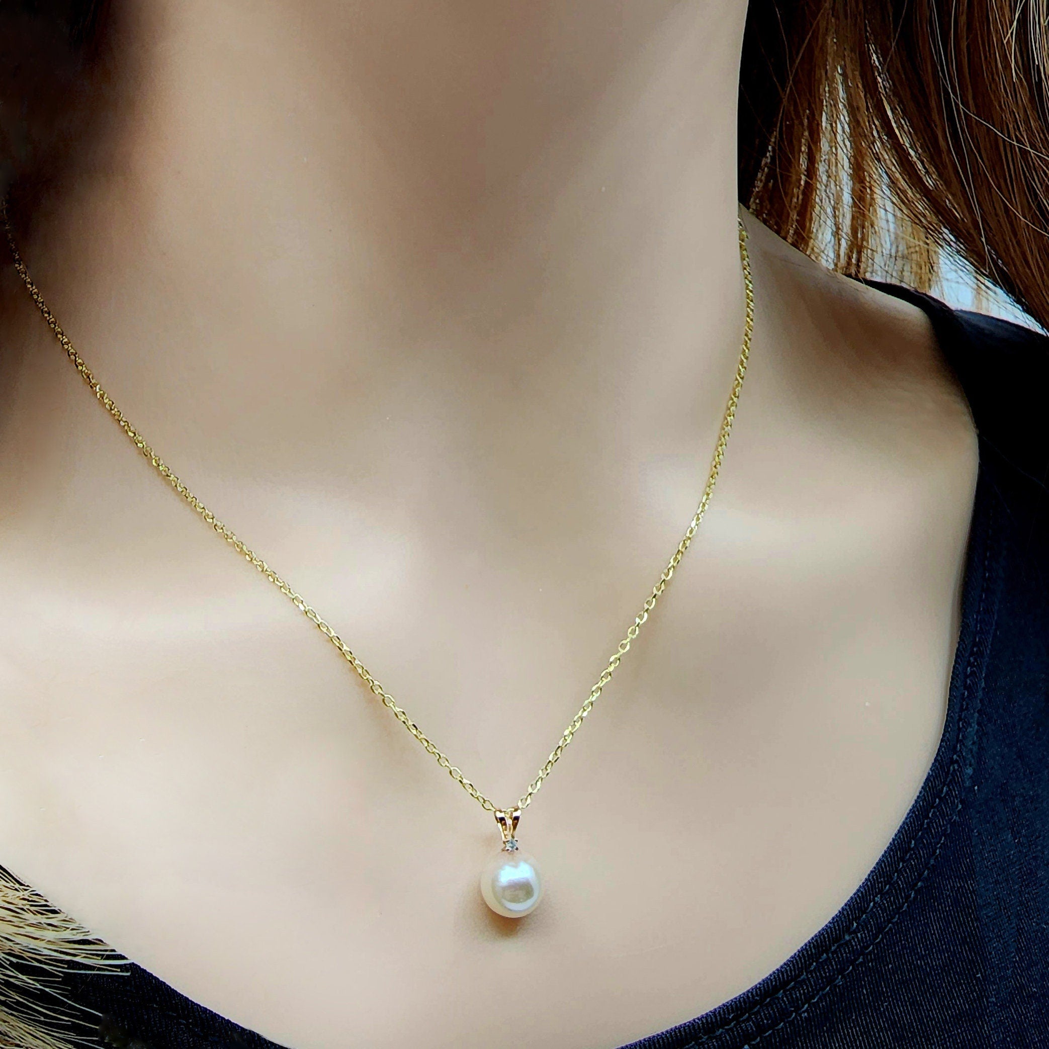 14K Gold Pearl Pendant Necklace, June Birthstone Cultured Pearl 6mm and Diamond Pendant, Dainty Minimalist Classic Necklace Gift for Her