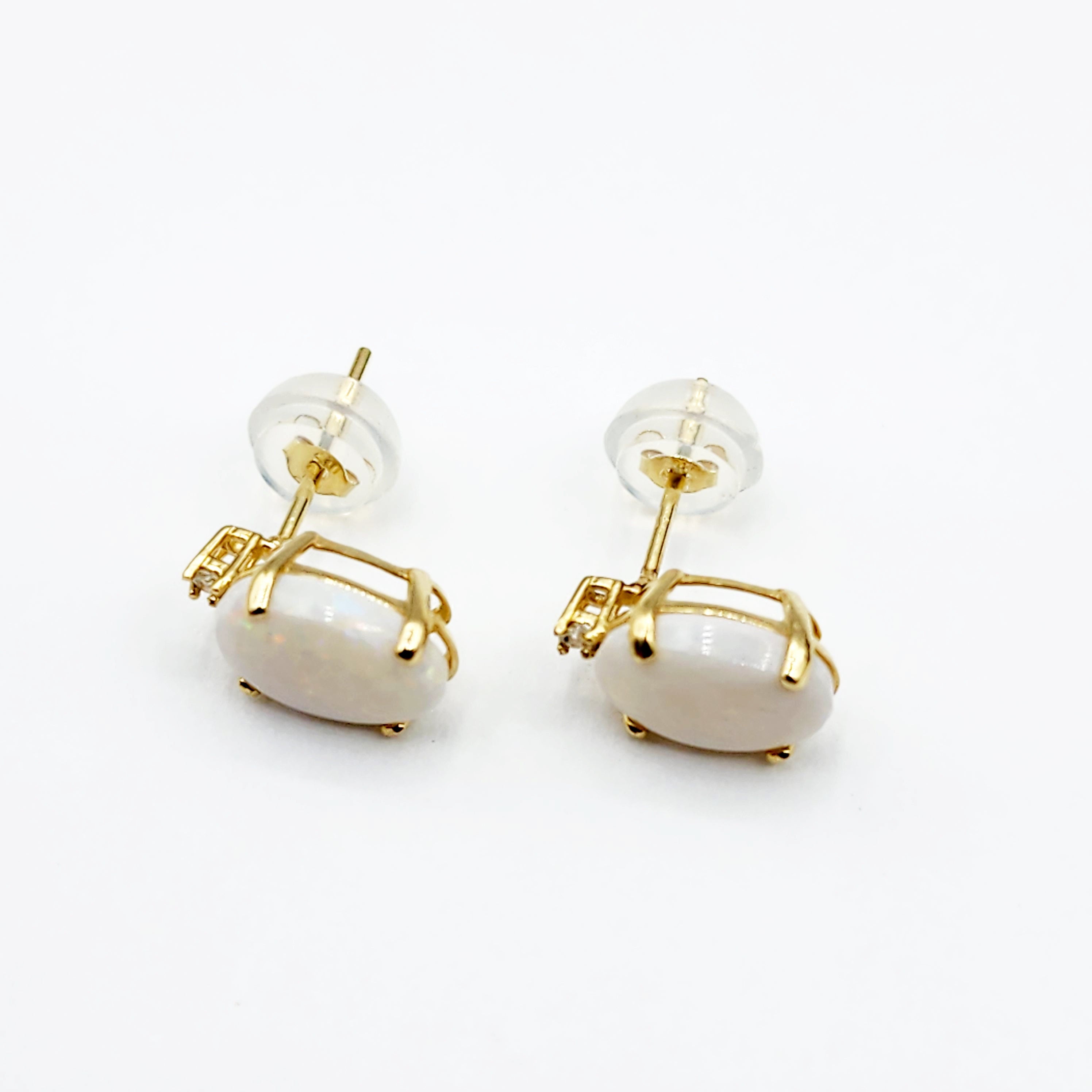 Gold Opal Stud Earrings, Yellow Gold Genuine Fire Opal 8x6mm with Diamonds Earrings, Gemstone Jewelry Earrings For Women, October Birthstone