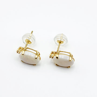 Gold Opal Stud Earrings, Yellow Gold Genuine Fire Opal 8x6mm with Diamonds Earrings, Gemstone Jewelry Earrings For Women, October Birthstone