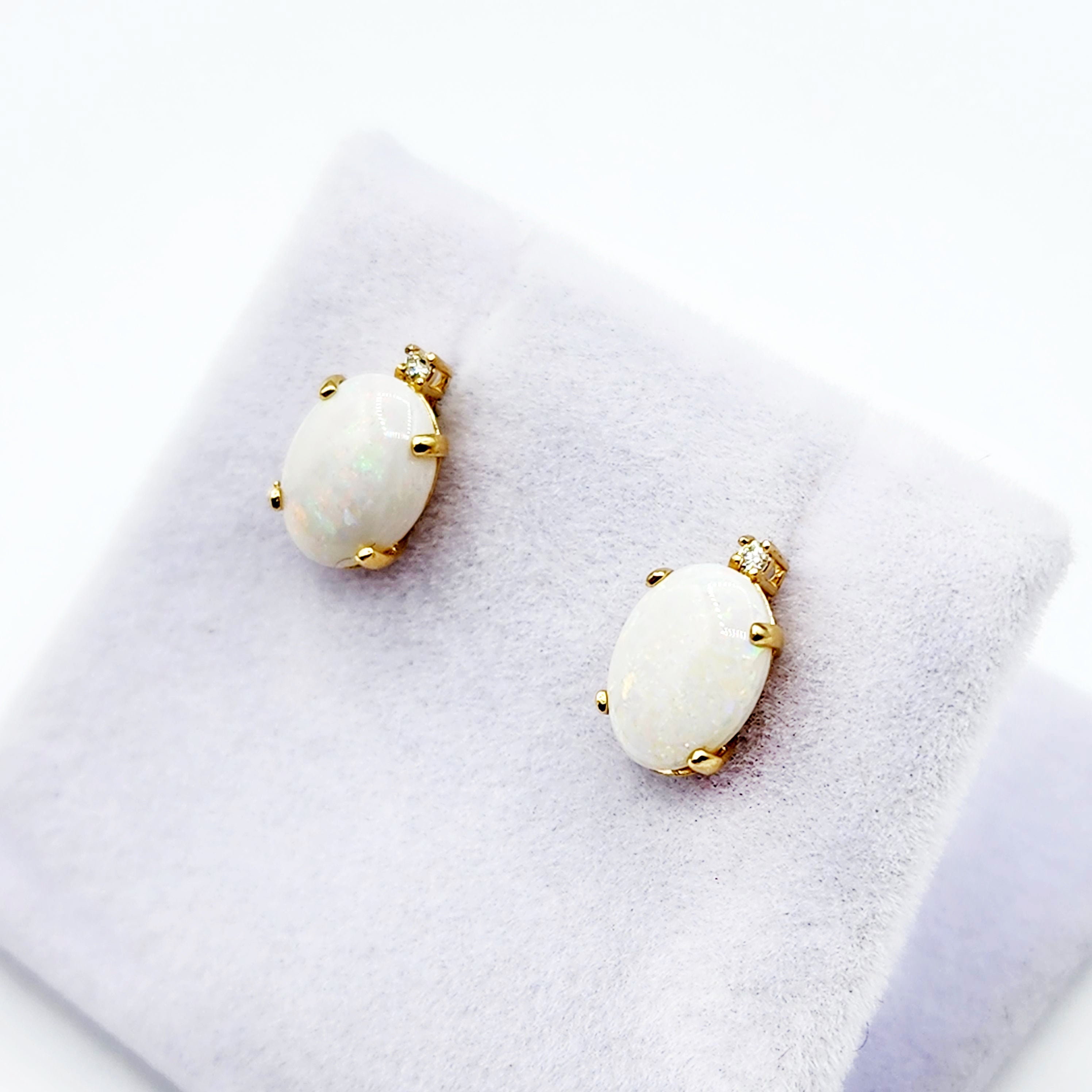 Gold Opal Stud Earrings, Yellow Gold Genuine Fire Opal 8x6mm with Diamonds Earrings, Gemstone Jewelry Earrings For Women, October Birthstone