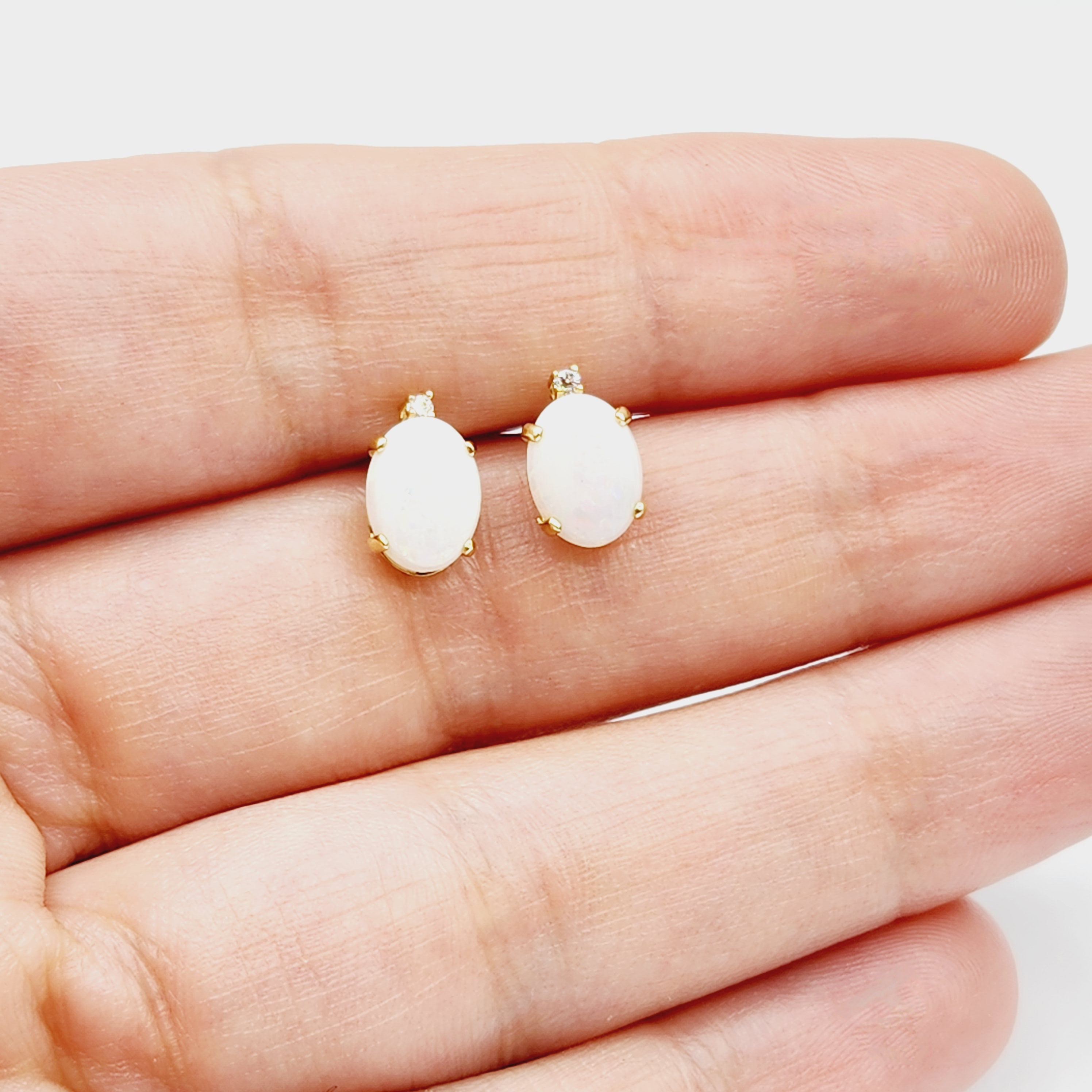 Gold Opal Stud Earrings, Yellow Gold Genuine Fire Opal 8x6mm with Diamonds Earrings, Gemstone Jewelry Earrings For Women, October Birthstone