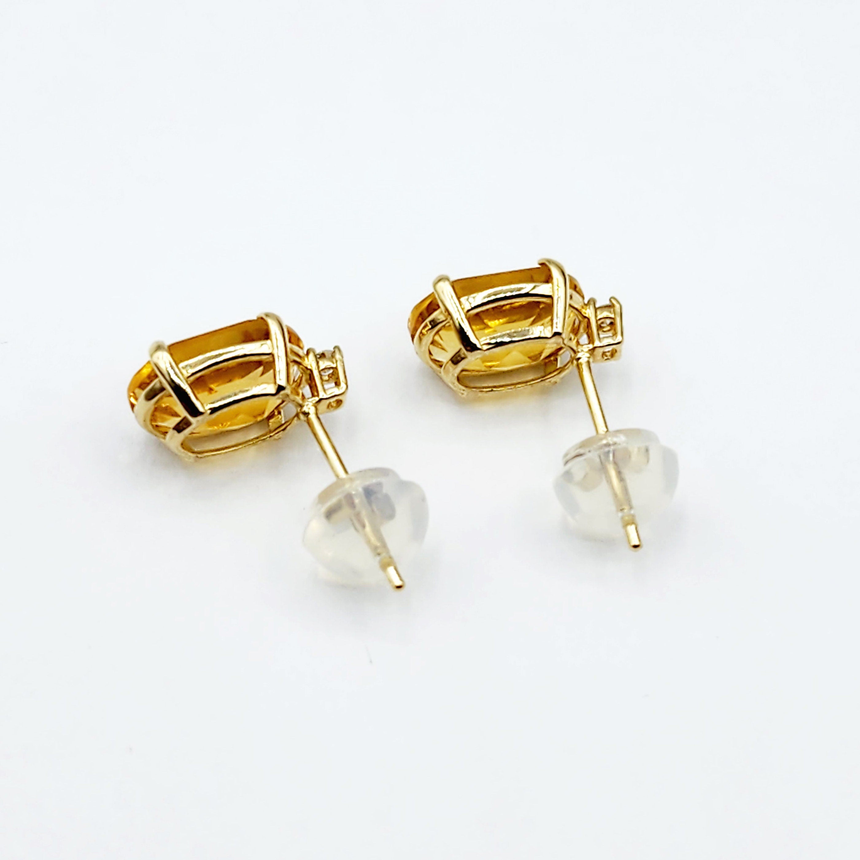 Gold Citrine Stud Earrings, Yellow Gold Genuine Citrine 8x6mm with Diamond Earrings, November Birthstone, Citrine Jewelry