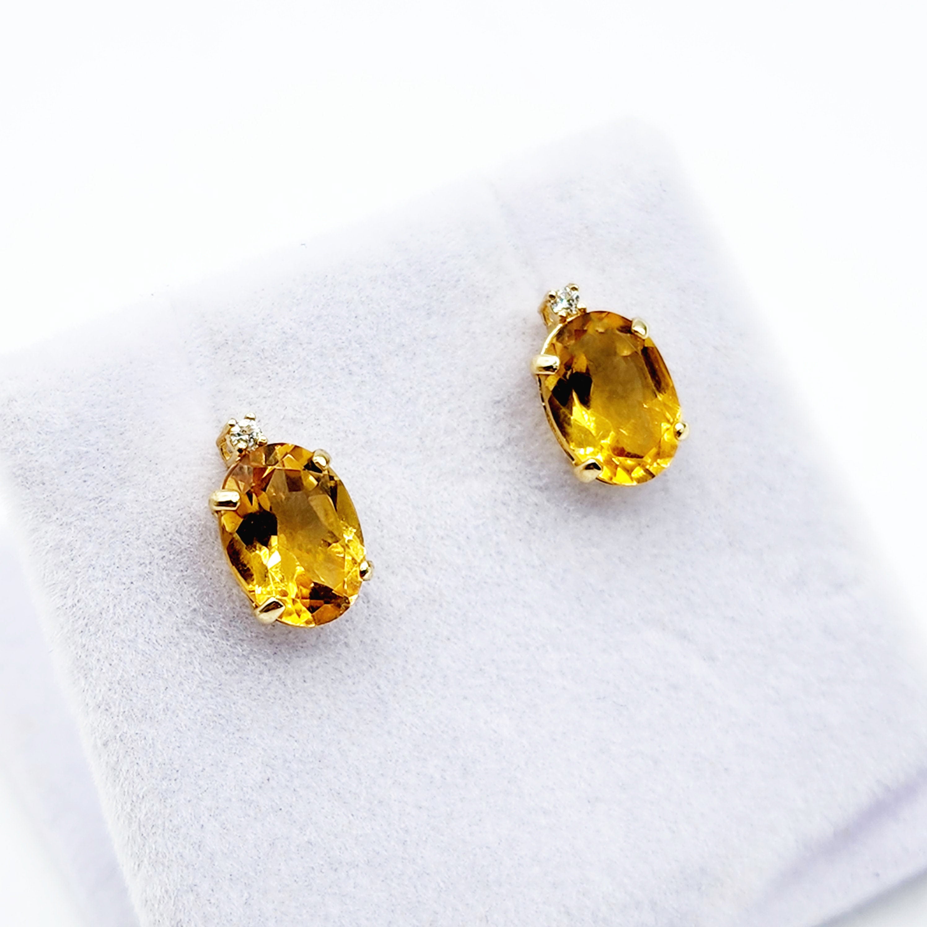 Gold Citrine Stud Earrings, Yellow Gold Genuine Citrine 8x6mm with Diamond Earrings, November Birthstone, Citrine Jewelry