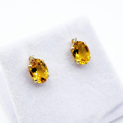 Gold Citrine Stud Earrings, Yellow Gold Genuine Citrine 8x6mm with Diamond Earrings, November Birthstone, Citrine Jewelry