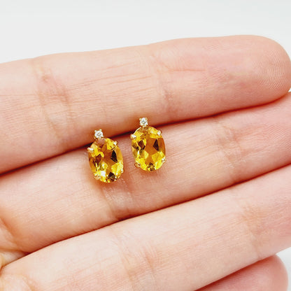 Gold Citrine Stud Earrings, Yellow Gold Genuine Citrine 8x6mm with Diamond Earrings, November Birthstone, Citrine Jewelry