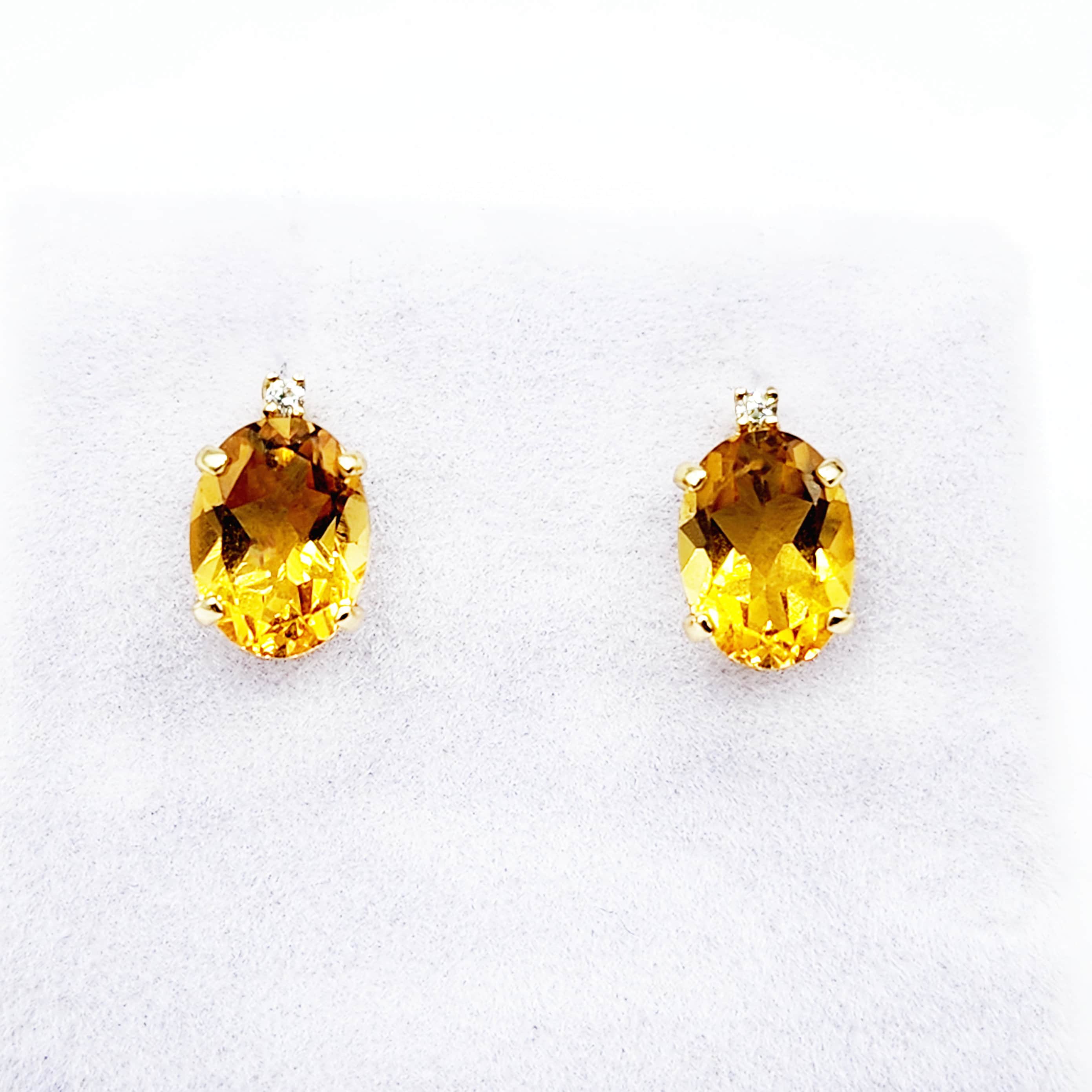 Gold Citrine Stud Earrings, Yellow Gold Genuine Citrine 8x6mm with Diamond Earrings, November Birthstone, Citrine Jewelry