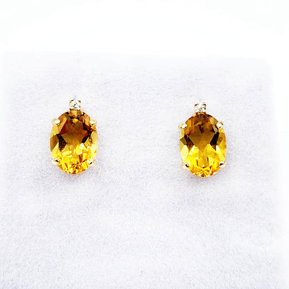 Gold Citrine Stud Earrings, Yellow Gold Genuine Citrine 8x6mm with Diamond Earrings, November Birthstone, Citrine Jewelry