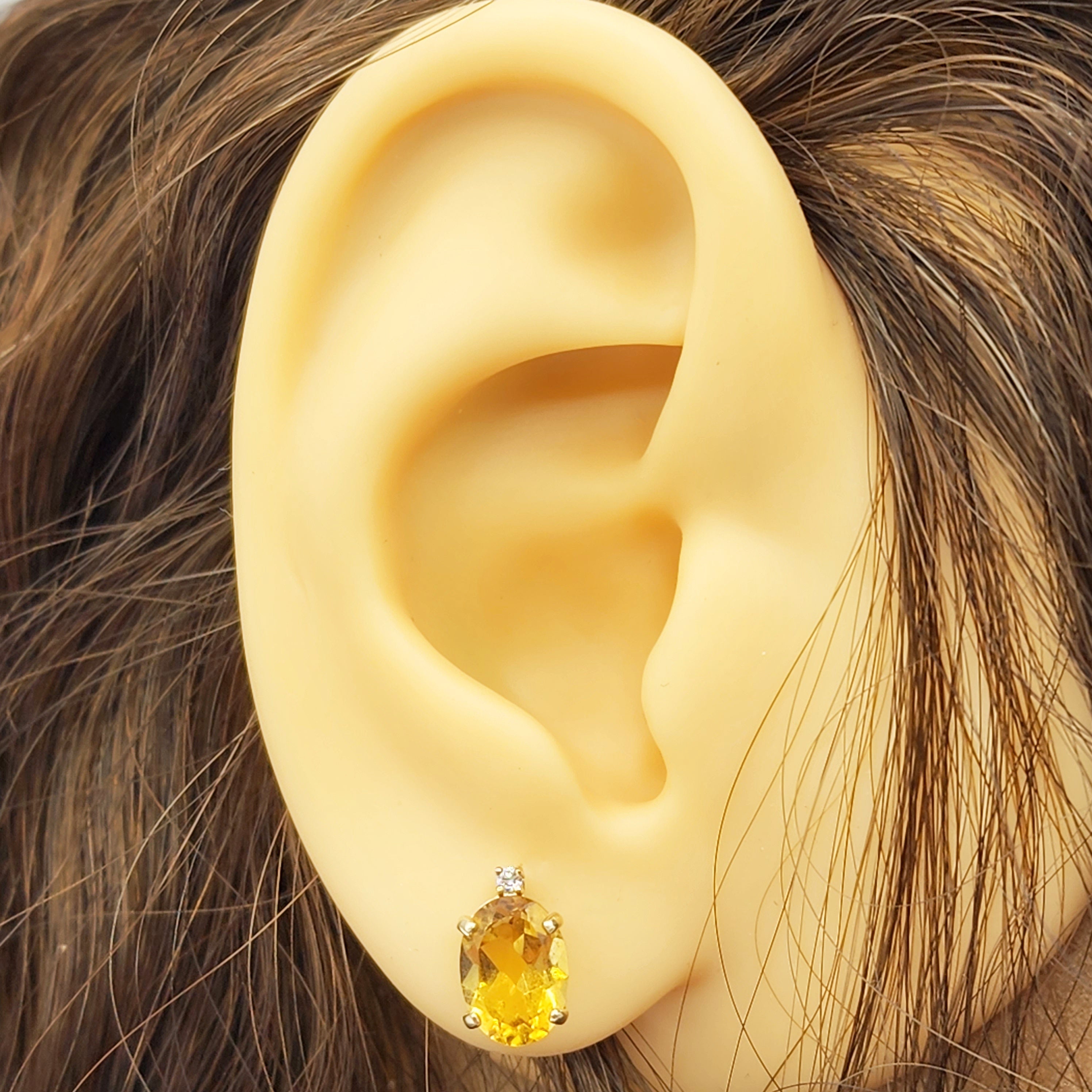 Gold Citrine Stud Earrings, Yellow Gold Genuine Citrine 8x6mm with Diamond Earrings, November Birthstone, Citrine Jewelry