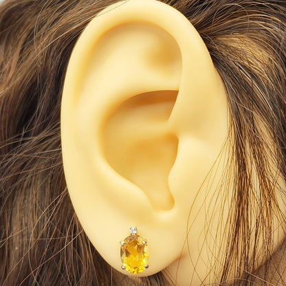 Gold Citrine Stud Earrings, Yellow Gold Genuine Citrine 8x6mm with Diamond Earrings, November Birthstone, Citrine Jewelry