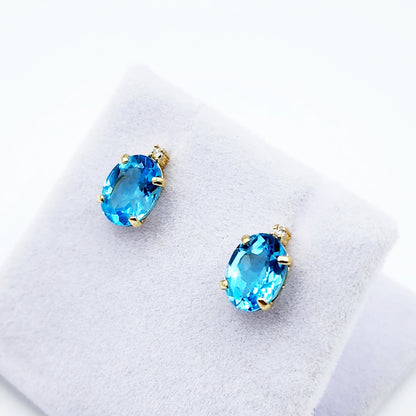 Gold Blue Topaz Stud Earrings, Yellow Gold Genuine Blue Topaz 8x6mm with Diamond Earrings, Blue Gemstone Jewelry, December Birthstone