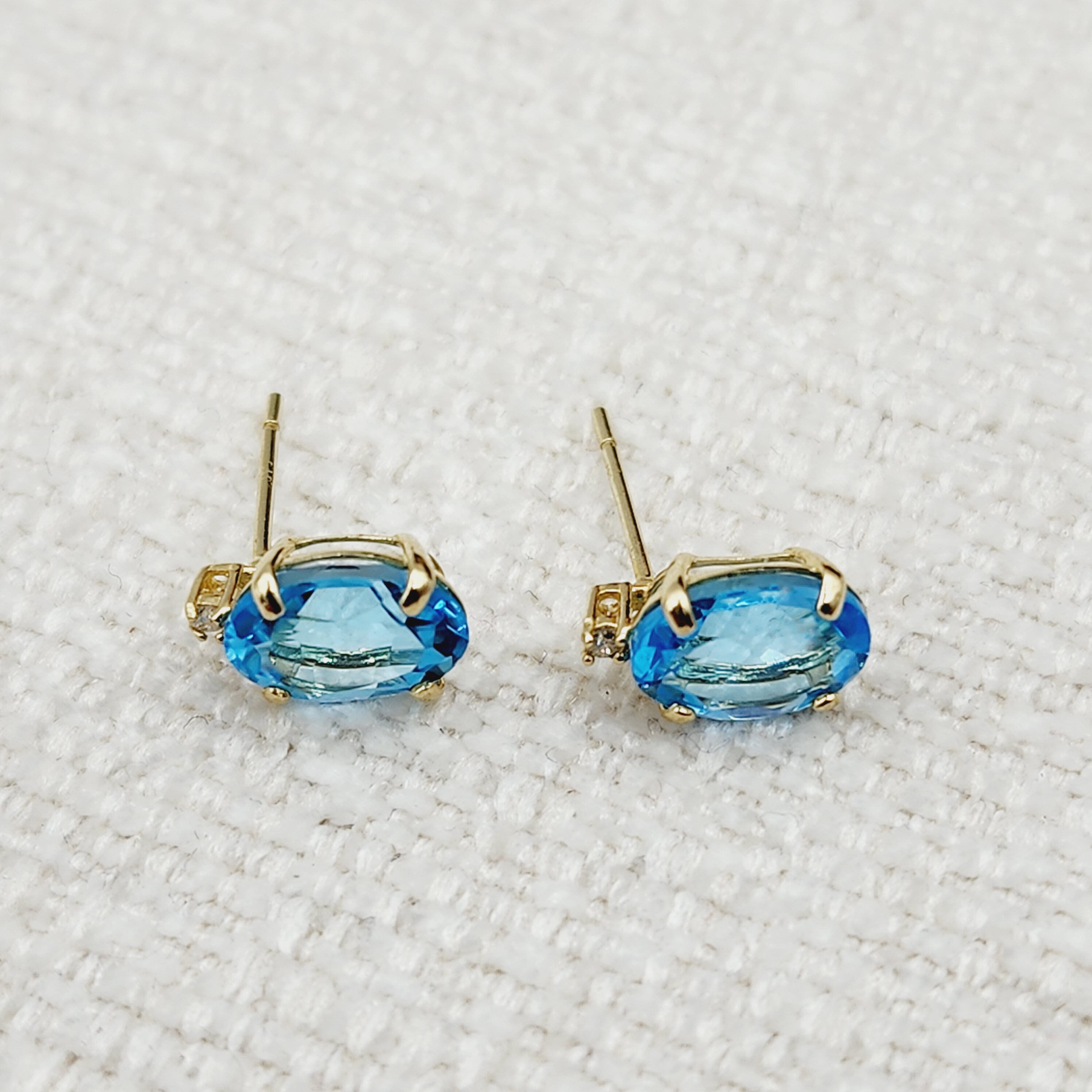 Gold Blue Topaz Stud Earrings, Yellow Gold Genuine Blue Topaz 8x6mm with Diamond Earrings, Blue Gemstone Jewelry, December Birthstone