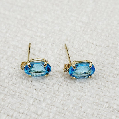 Gold Blue Topaz Stud Earrings, Yellow Gold Genuine Blue Topaz 8x6mm with Diamond Earrings, Blue Gemstone Jewelry, December Birthstone