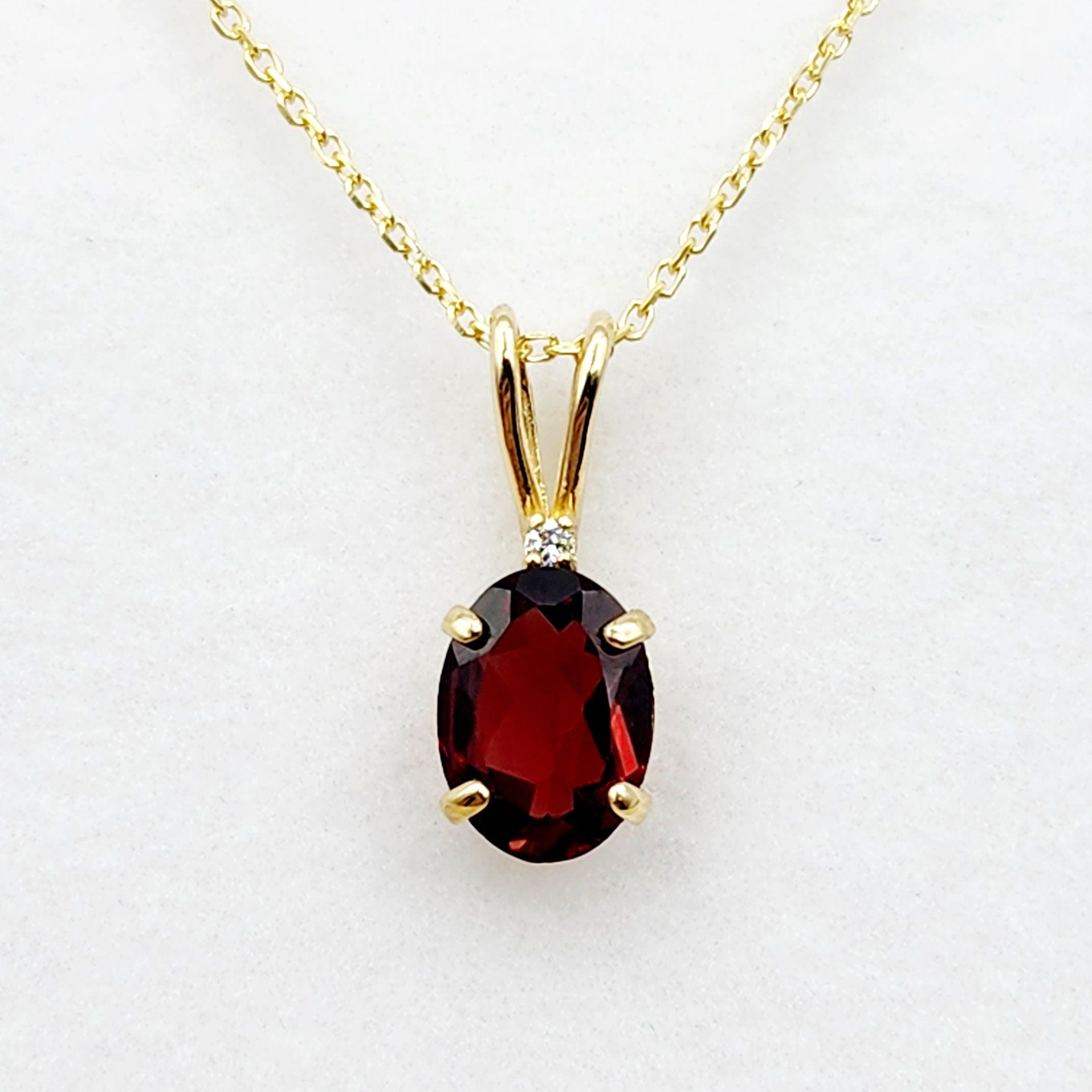 Gold Garnet Pendant Necklace, 10K Yellow Gold Garnet 8x6mm with Diamond Pendant, January Birthstone, Birthstone Necklace, Necklace For Her