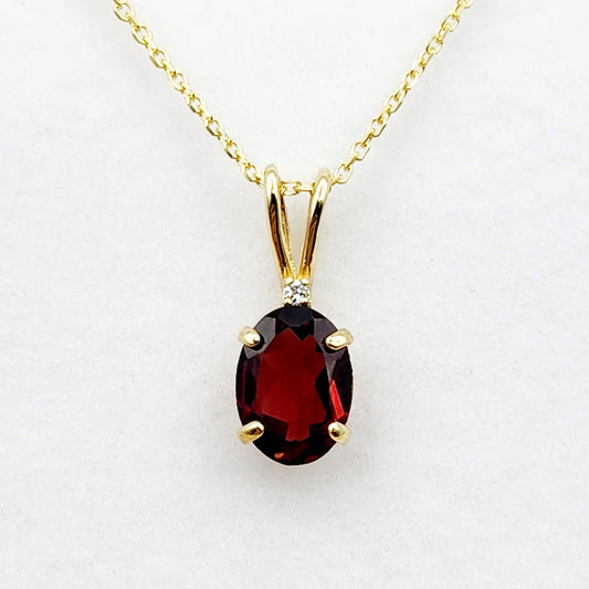 Gold Garnet Pendant Necklace, 10K Yellow Gold Garnet 8x6mm with Diamond Pendant, January Birthstone, Birthstone Necklace, Necklace For Her