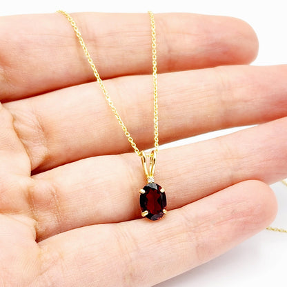 Gold Garnet Pendant Necklace, 10K Yellow Gold Garnet 8x6mm with Diamond Pendant, January Birthstone, Birthstone Necklace, Necklace For Her