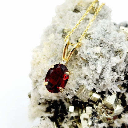 Gold Garnet Pendant Necklace, 10K Yellow Gold Garnet 8x6mm with Diamond Pendant, January Birthstone, Birthstone Necklace, Necklace For Her